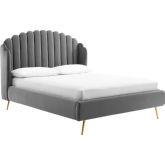 Lana Queen Wingback Platform Bed in Channel Tufted Gray Fabric & Gold