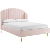 Lana Queen Wingback Platform Bed in Channel Tufted Pink Fabric & Gold