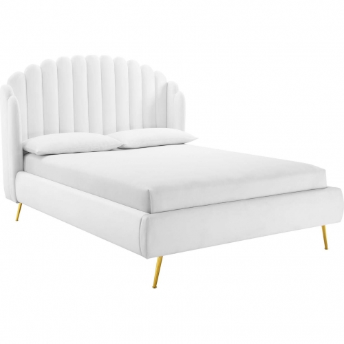 Lana Queen Wingback Platform Bed in Channel Tufted White Fabric & Gold