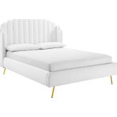 Lana Queen Wingback Platform Bed in Channel Tufted White Fabric & Gold