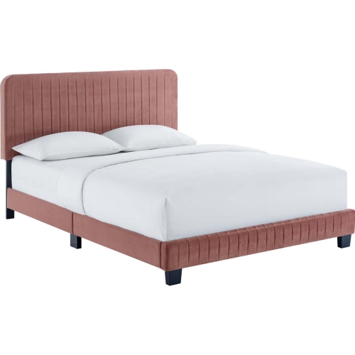 Celine Queen Platform Bed in Channel Tufted Dusty Rose Performance Velvet