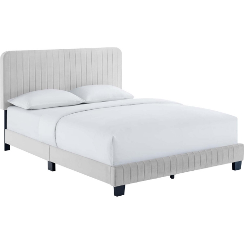 Celine Twin Platform Bed in Channel Tufted Light Gray Performance Velvet