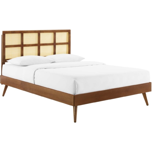 Sidney Queen Platform Bed in Cane & Walnut Finish w/ Splayed Legs