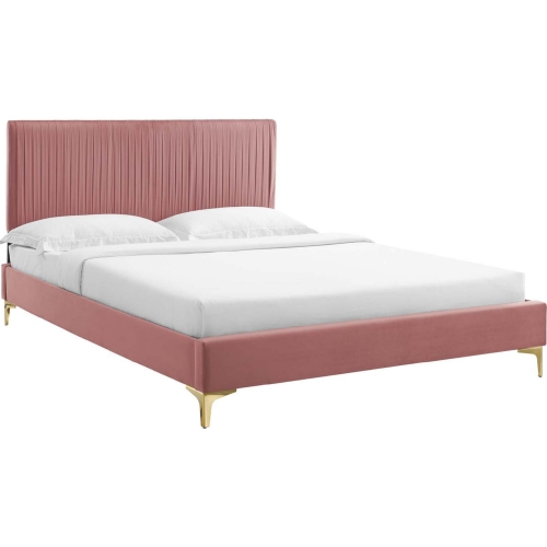 Peyton Queen Platform Bed in Channel Tufted Rose Velvet w/ Gold Metal Legs