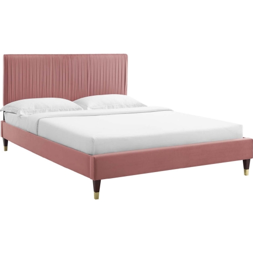 Peyton Queen Platform Bed in Channel Tufted Rose Velvet w/ Gold Capped Wood Legs