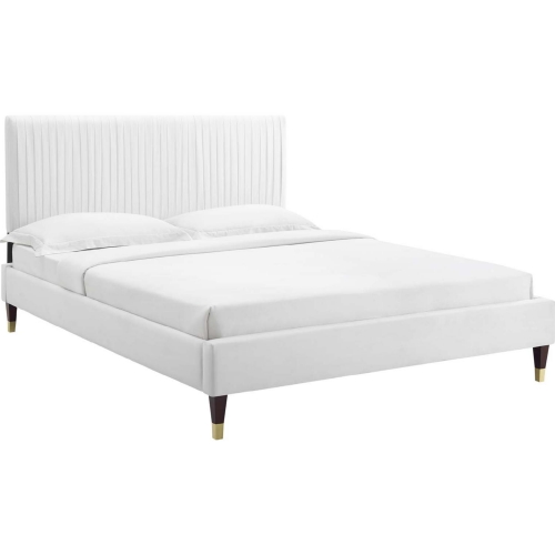 Peyton Queen Platform Bed in Channel Tufted White Velvet w/ Gold Capped Wood Legs