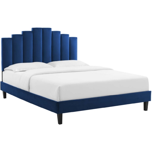 Elise Queen Platform Bed in Tufted Navy Blue Fabric & Black Legs