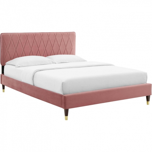 Phillipa Queen Platform Bed in Rose Velvet w/ Gold Capped Wood Legs