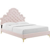 Gwyneth Queen Platform Bed in Tufted Pink Velvet w/ Gold Metal Legs