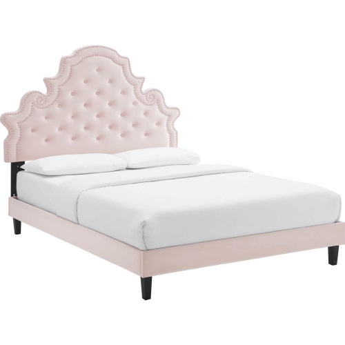 Gwyneth Queen Platform Bed in Tufted Pink Velvet w/ Black Wood Legs