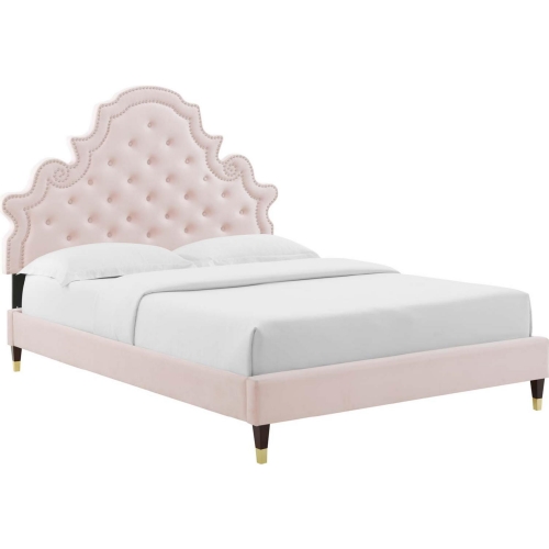 Gwyneth Full Platform Bed in Tufted Pink Velvet w/ Gold Capped Wood Legs