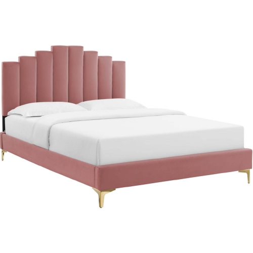 Elise King Platform Bed in Tufted Dusty Rose Velvet & Gold Legs