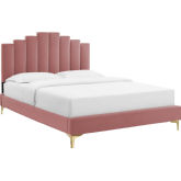 Elise King Platform Bed in Tufted Dusty Rose Velvet & Gold Legs