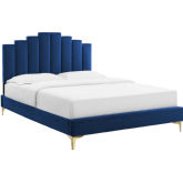 Elise King Platform Bed in Tufted Navy Blue Velvet & Gold Legs