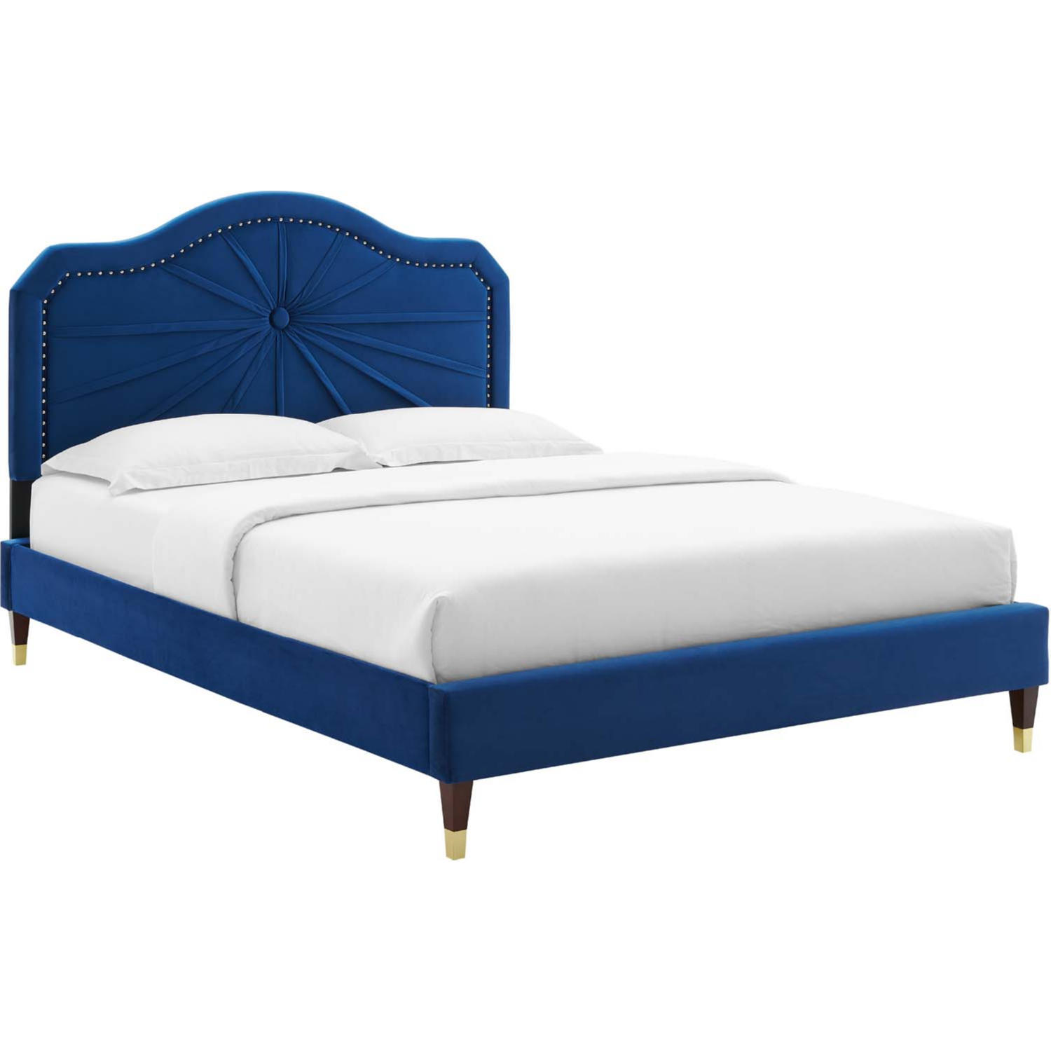 Modway MOD-6910-NAV Portia Full Platform Bed In Navy Blue Velvet W ...