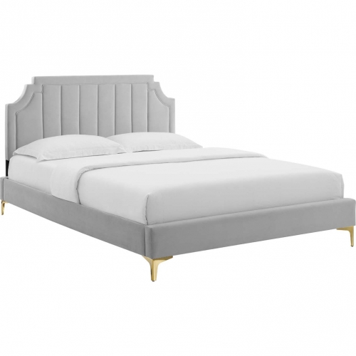 Sienna Full Platform Bed in Vertical Tufted Light Gray Velvet w/ Gold Metal Legs