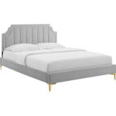 Sienna Full Platform Bed in Vertical Tufted Light Gray Velvet w/ Gold Metal Legs