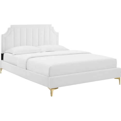 Sienna Full Platform Bed in Vertical Tufted White Velvet w/ Gold Metal Legs