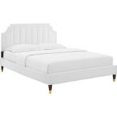 Sienna Full Platform Bed in Vertical Tufted White Velvet w/ Gold Capped Wood Legs