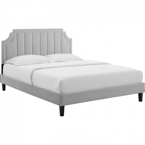 Sienna Full Platform Bed in Vertical Tufted Light Gray Velvet w/ Black Wood Legs