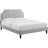 Sienna Full Platform Bed in Vertical Tufted Light Gray Velvet w/ Black Wood Legs