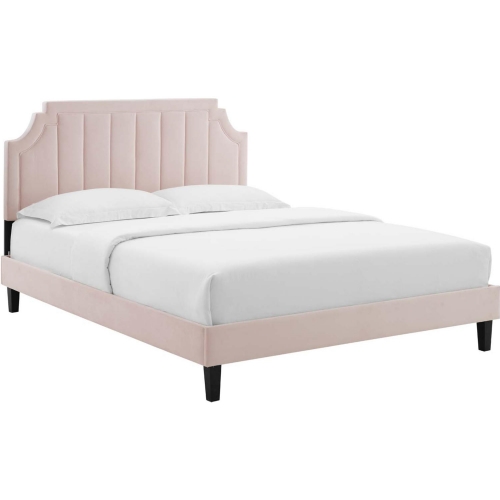 Sienna Full Platform Bed in Vertical Tufted Pink Velvet w/ Black Wood Legs