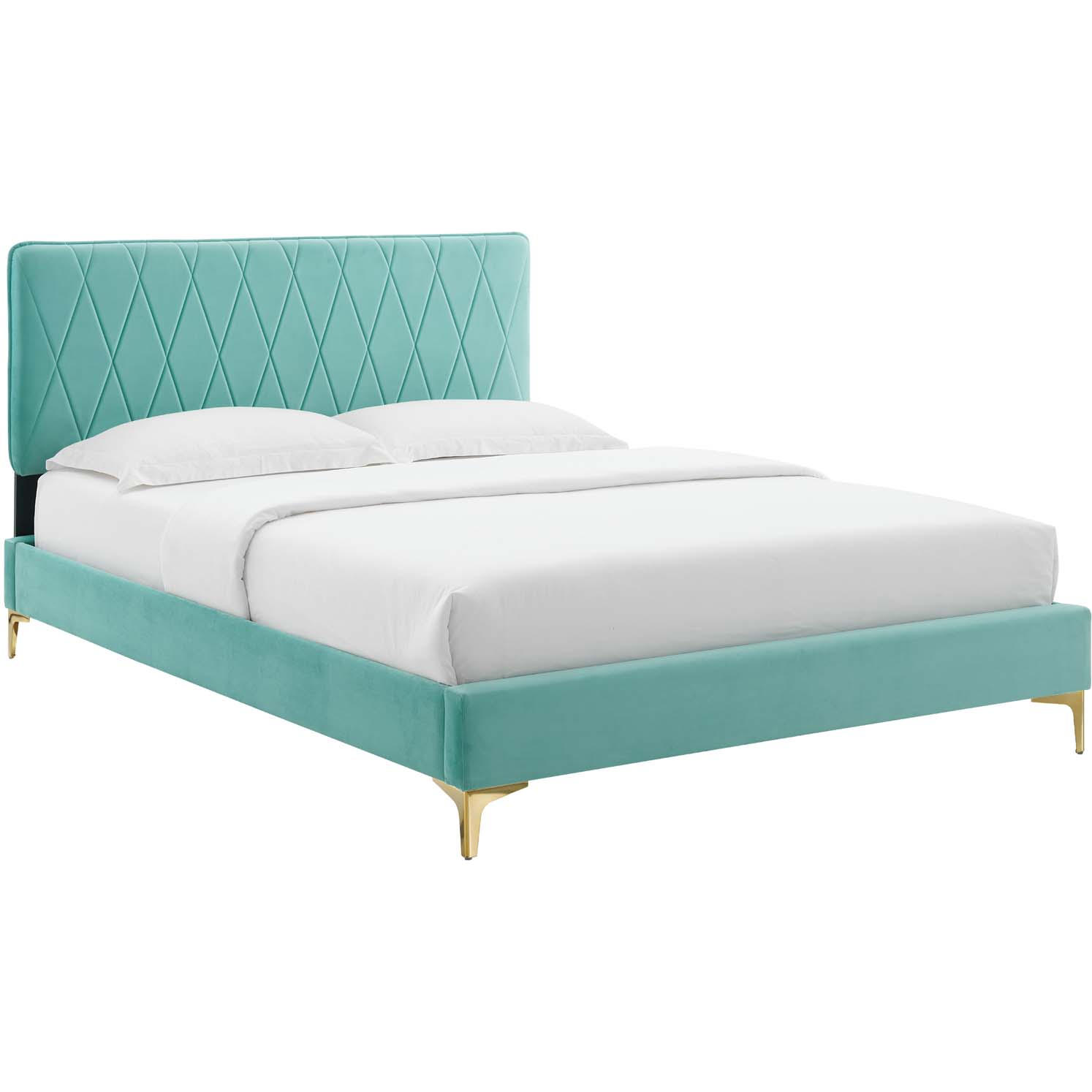 Modway MOD-6928-MIN Phillipa King Platform Bed in Mint Velvet w/ Gold Metal  Legs