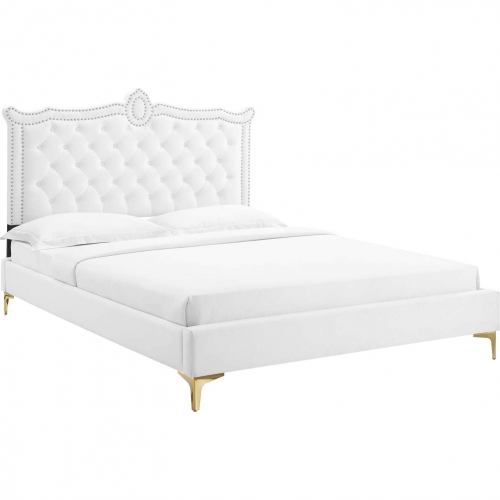 Clara Queen Platform Bed in Tufted White Performance Velvet