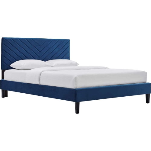 Roxanne Full Platform Bed in Chevron Tufted Navy Blue Velvet