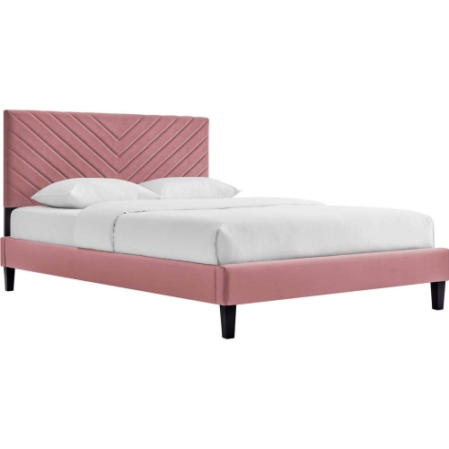 Roxanne Twin Platform Bed in Chevron Tufted Dusty Rose Velvet