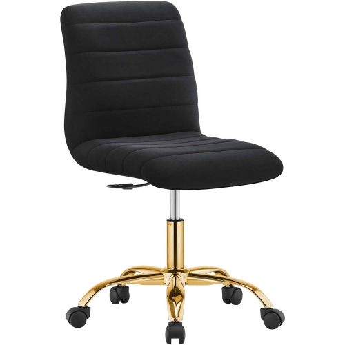 Ripple Armless Office Chair in Channel Tufted Black Velvet & Gold