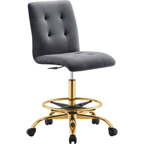 Prim Armless Drafting Office Chair in Tufted Gray Velvet & Gold