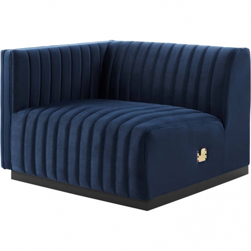 Conjure Left Arm Chair in Channel Tufted Midnight Blue Velvet & Black