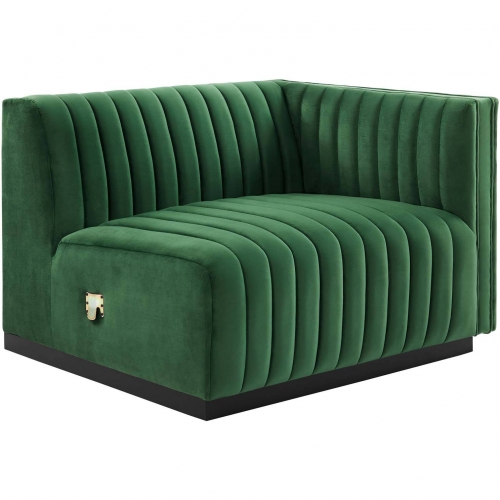 Conjure Right Arm Chair in Channel Tufted Emerald Green Velvet & Black