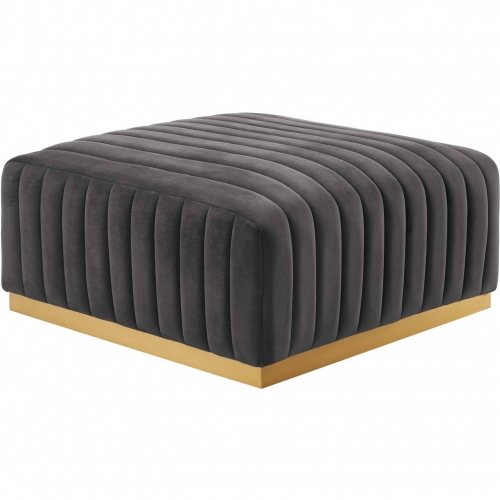 Conjure Ottoman in Channel Tufted Gray Velvet & Brushed Gold