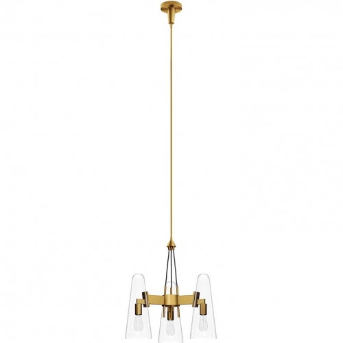 Beacon 3 Light Ceiling Pendant Light in Satin Brass Metal & Clear Glass