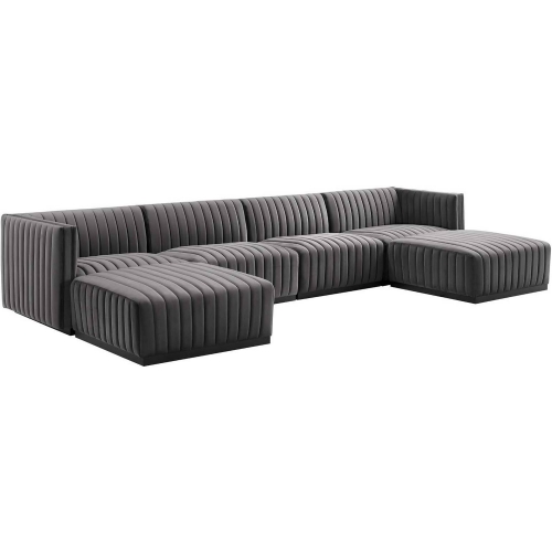 Conjure 6 Piece Sectional Sofa in Channel Tufted Gray Velvet & Black