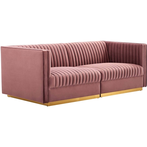 Sanguine Modular Loveseat in Channel Tufted Dusty Rose Velvet