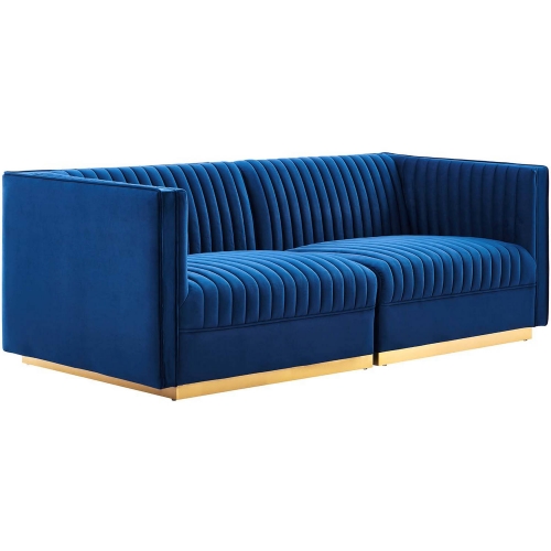 Sanguine Modular Loveseat in Channel Tufted Navy Blue Velvet