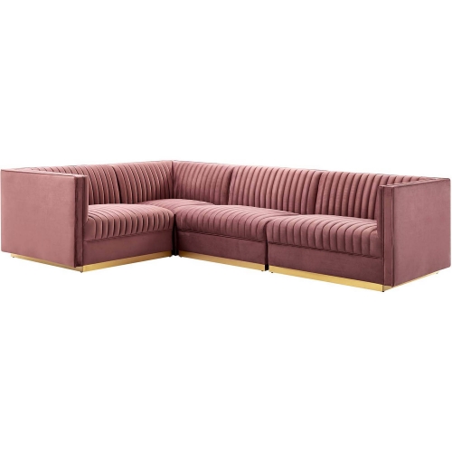 Sanguine 4 PC Left Facing Modular Sectional Sofa in Channel Tufted Dusty Rose Velvet