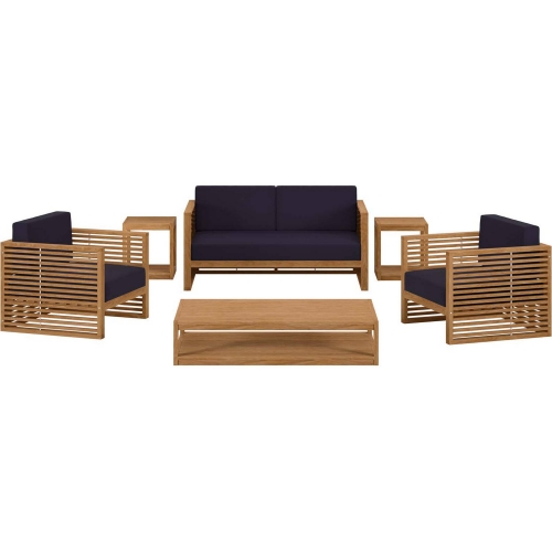 Carlsbad 6 Piece Outdoor Loveseat Set in Teak & Navy Blue Fabric