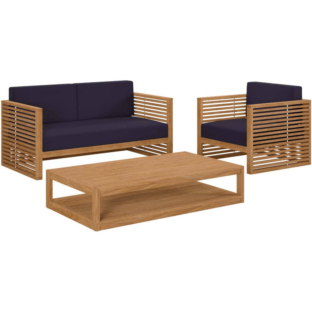 Modway EEI-5837-NAT-NAV Carlsbad 3 Piece Outdoor Loveseat Set in Teak &  Navy Blue Fabric