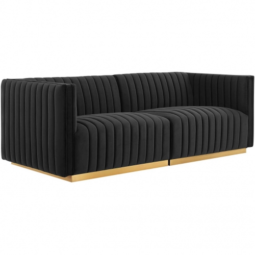 Conjure Loveseat in Channel Tufted Black Velvet & Brushed Gold