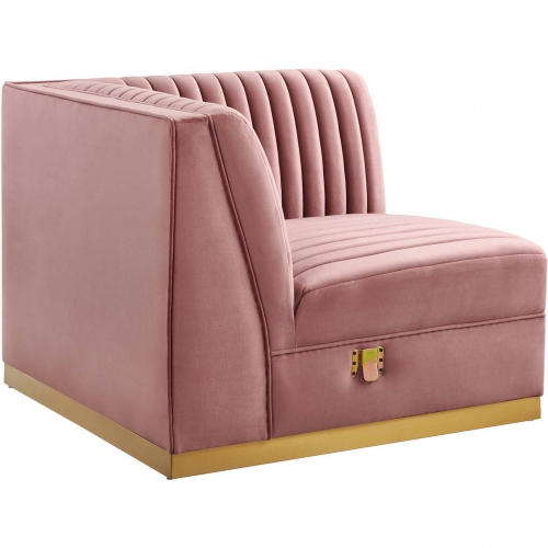 Sanguine Modular Sectional Sofa Right Corner Chair in Channel Tufted Dusty Rose Velvet