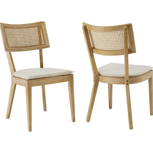 Caledonia Dining Chair in Beige Fabric, Rattan & Gray Wood (Set of 2)