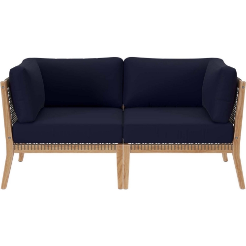 Clearwater Outdoor Loveseat in Gray Teak & Navy Blue Fabric