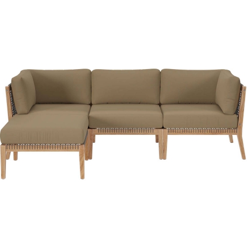 Clearwater Outdoor 4 Piece Sectional Sofa in Gray Teak & Light Brown Fabric