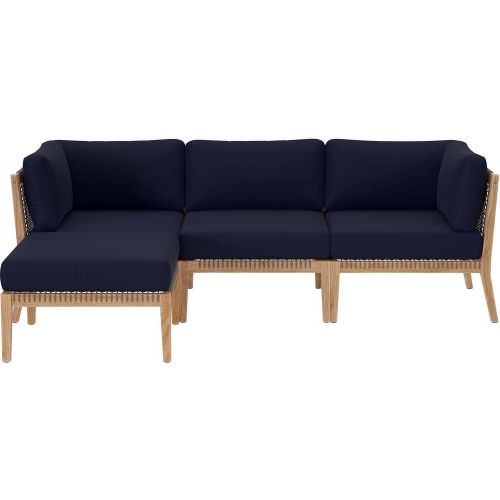 Clearwater Outdoor 4 Piece Sectional Sofa in Gray Teak & Navy Blue Fabric