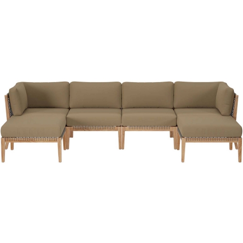 Clearwater Outdoor 6 Piece Sectional Sofa in Gray Teak & Light Brown Fabric