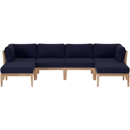 Clearwater Outdoor 6 Piece Sectional Sofa in Gray Teak & Navy Blue Fabric